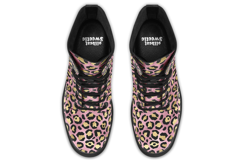 Boots with a textured-looking blush pink background and gold leopard prints