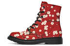 Red boots with white floral pattern