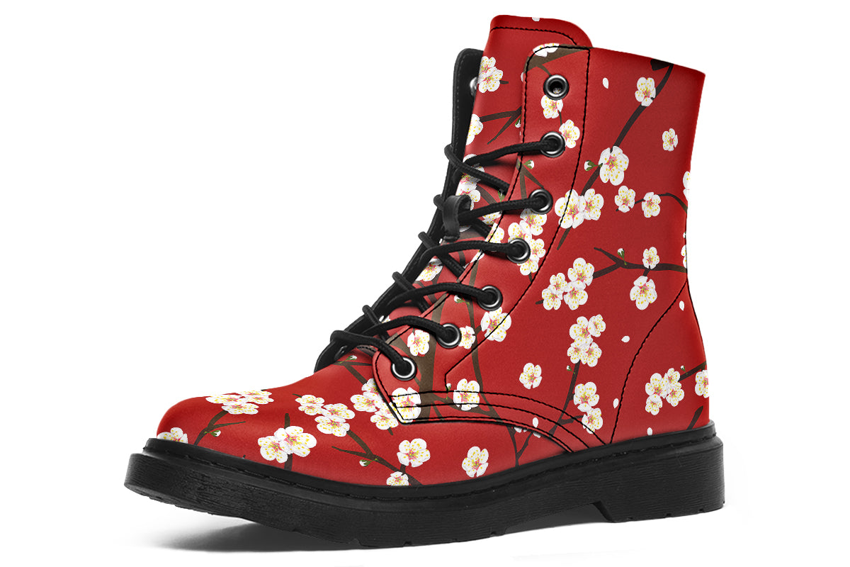 Red boots with white floral pattern