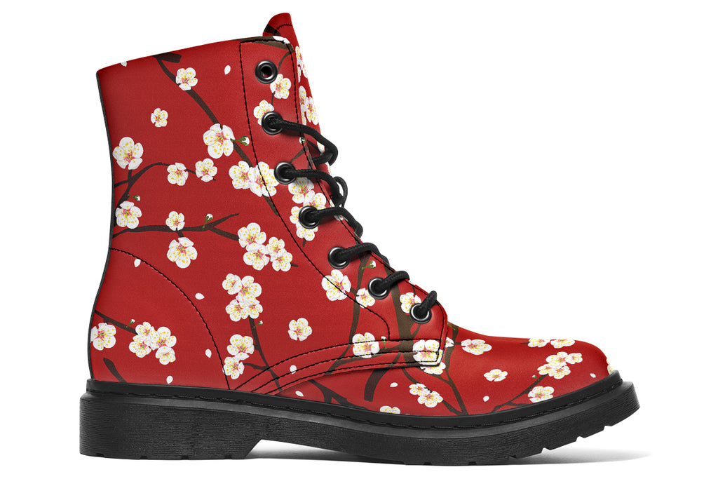 Red boots with white floral pattern