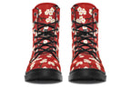 Red boots with white floral pattern