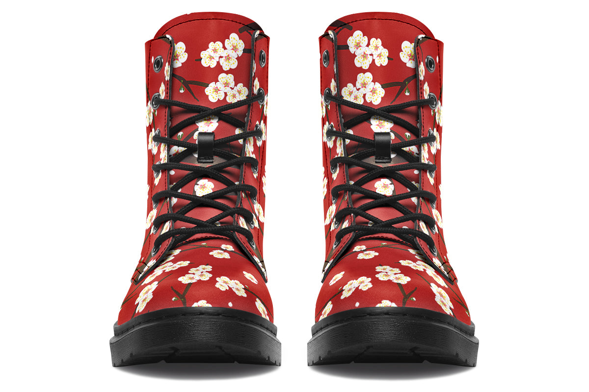 Red boots with white floral pattern