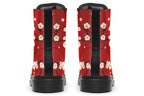 Red boots with white floral pattern