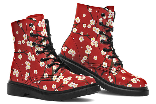 Red boots with white floral pattern