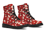 Red boots with white floral pattern