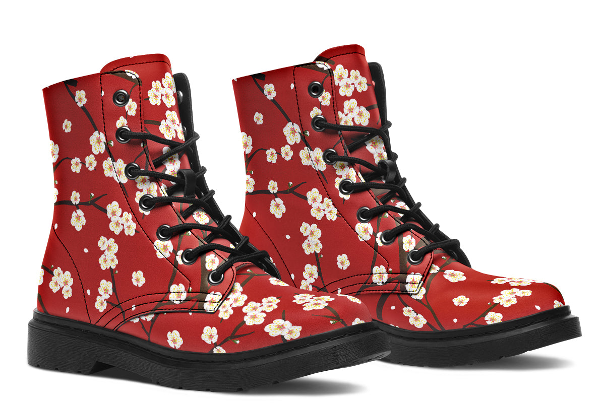 Red boots with white floral pattern