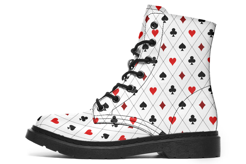 White boots with a black and red pattern of diamonds, hearts, clubs and spades.