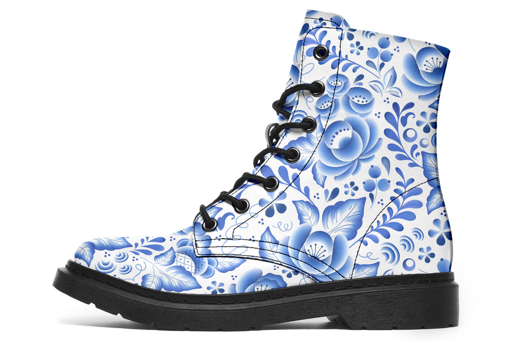 White boots with blue floral pattern