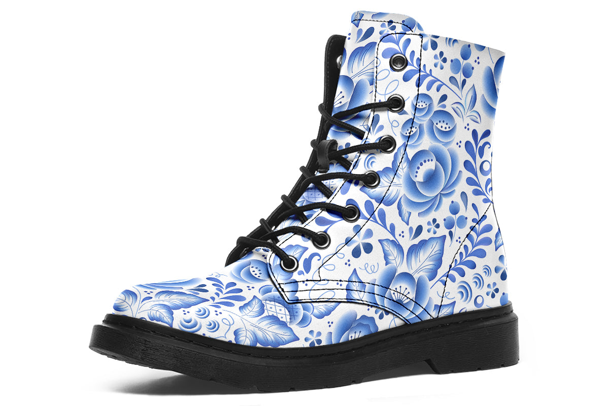 White boots with blue floral pattern