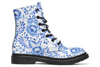 White boots with blue floral pattern