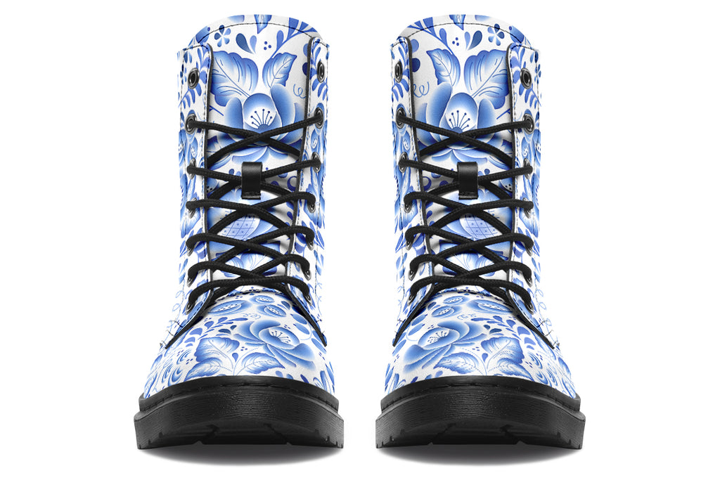 White boots with blue floral pattern