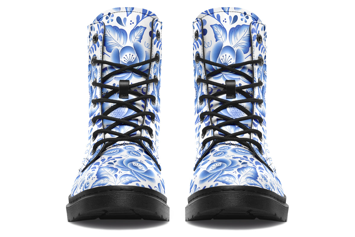 White boots with blue floral pattern
