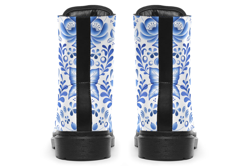 White boots with blue floral pattern