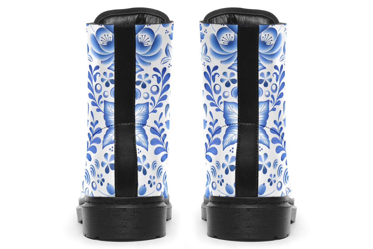 White boots with blue floral pattern