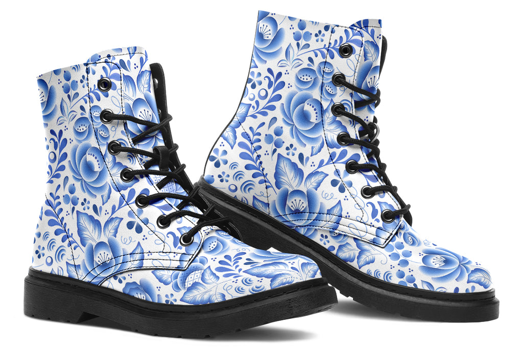 White boots with blue floral pattern
