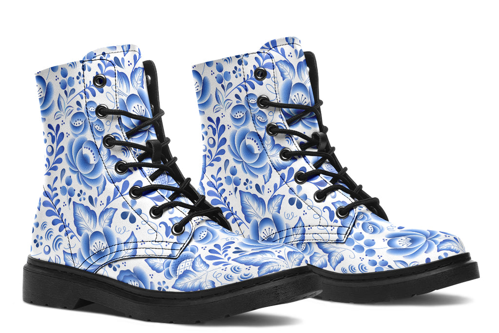 White boots with blue floral pattern