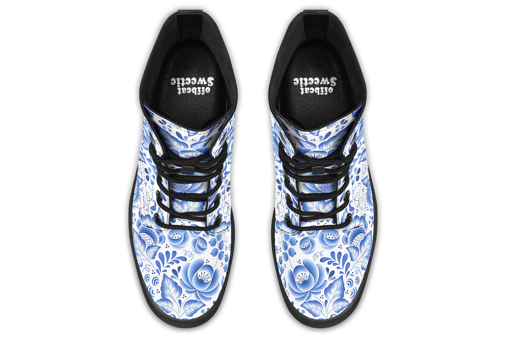White boots with blue floral pattern