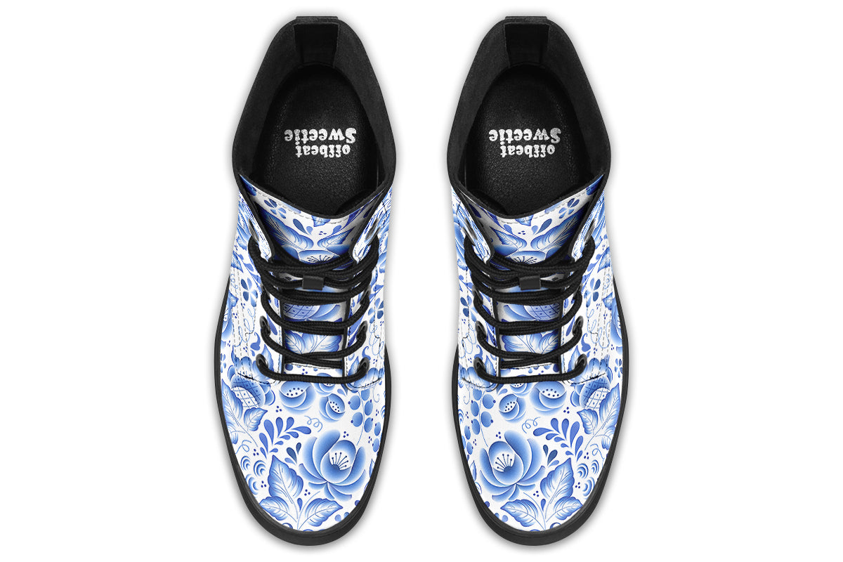 White boots with blue floral pattern