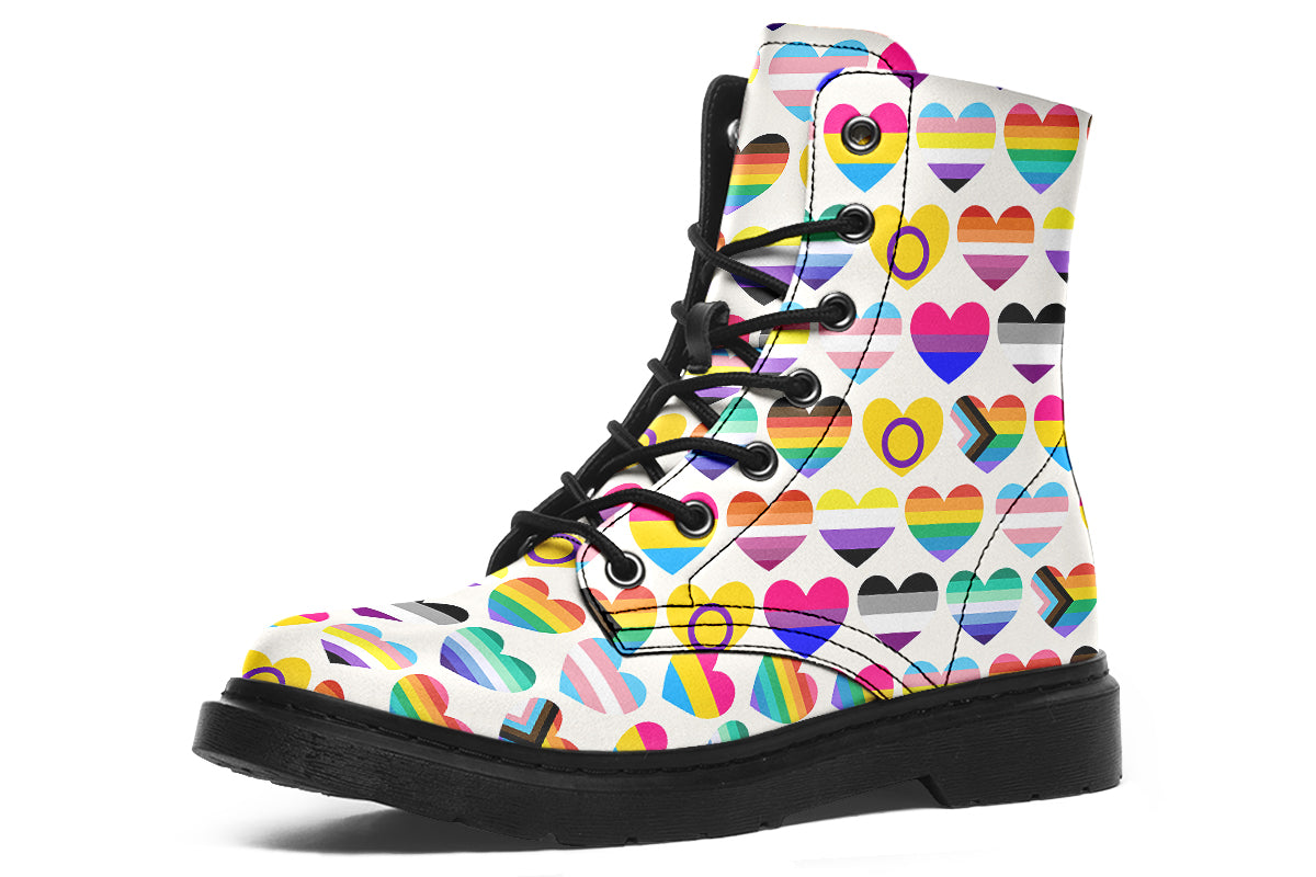 White boots with a pattern of different pride flags in heart shapes all over the boots.