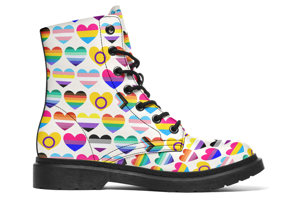 White boots with a pattern of different pride flags in heart shapes all over the boots.