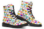 White boots with a pattern of different pride flags in heart shapes all over the boots.