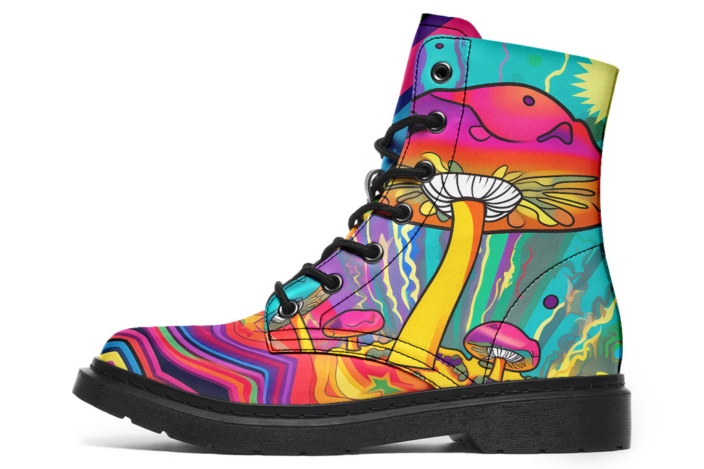 Colourful boots with bright psychedelic mushroom imagery