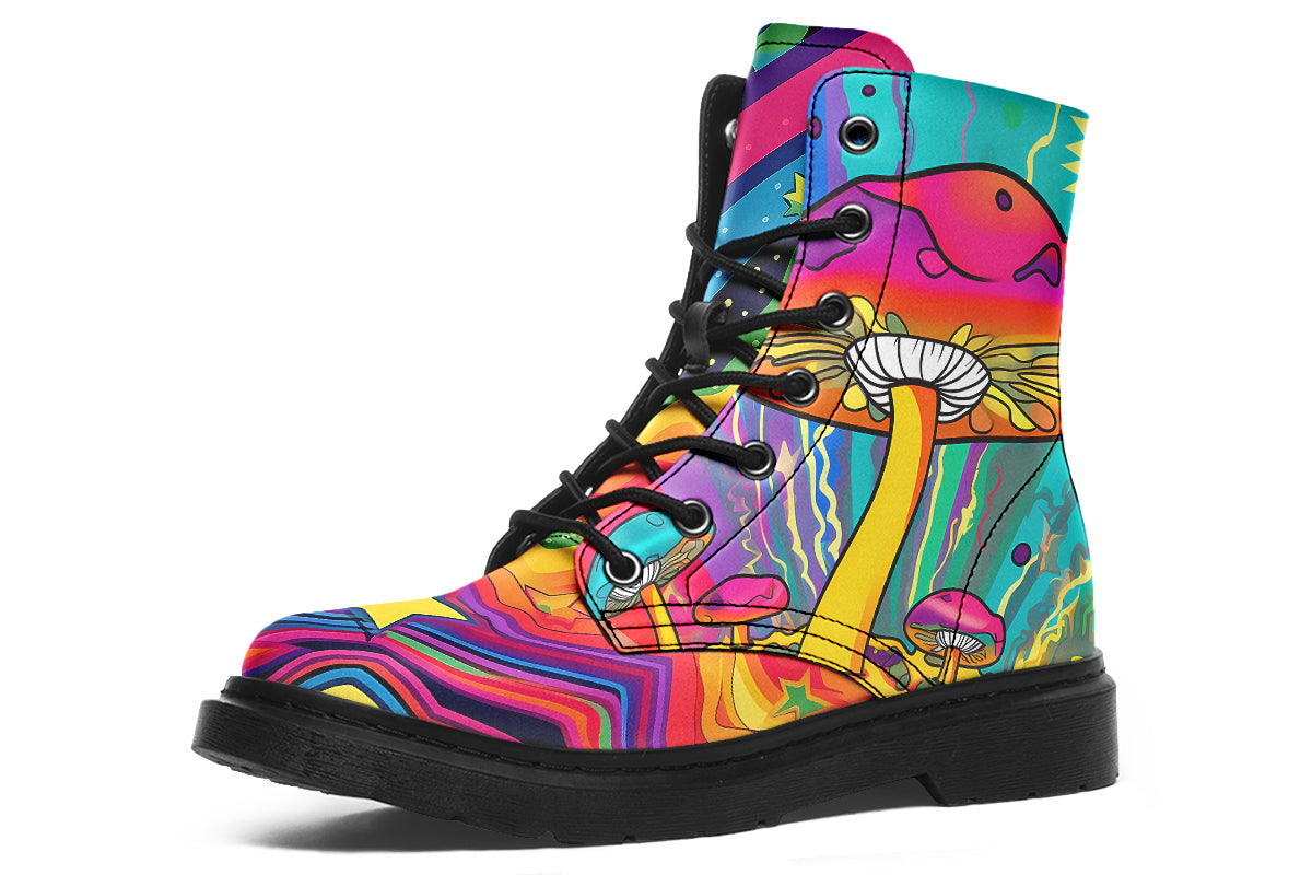 Colourful boots with bright psychedelic mushroom imagery