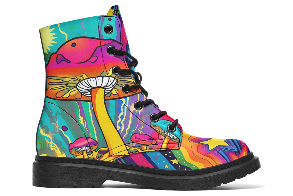 Colourful boots with bright psychedelic mushroom imagery