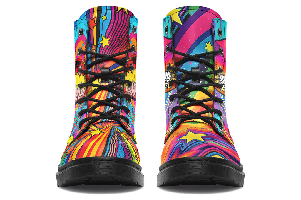 Colourful boots with bright psychedelic mushroom imagery