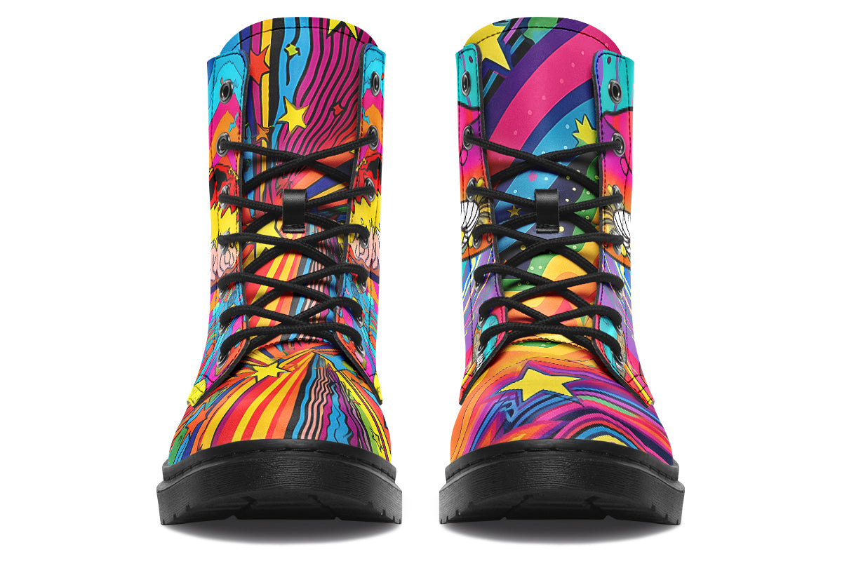 Colourful boots with bright psychedelic mushroom imagery
