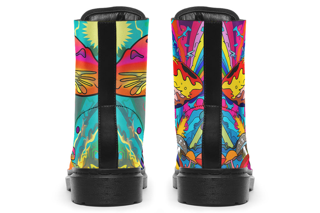 Colourful boots with bright psychedelic mushroom imagery