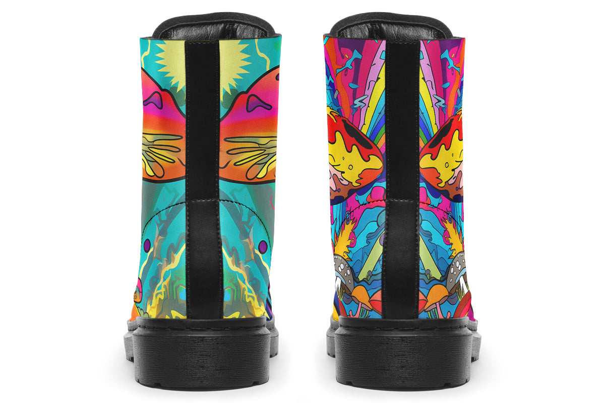Colourful boots with bright psychedelic mushroom imagery