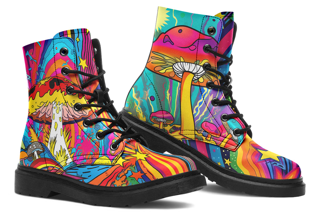 Colourful boots with bright psychedelic mushroom imagery