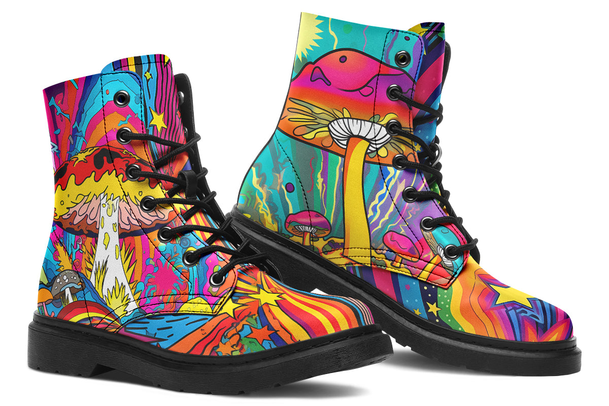 Colourful boots with bright psychedelic mushroom imagery