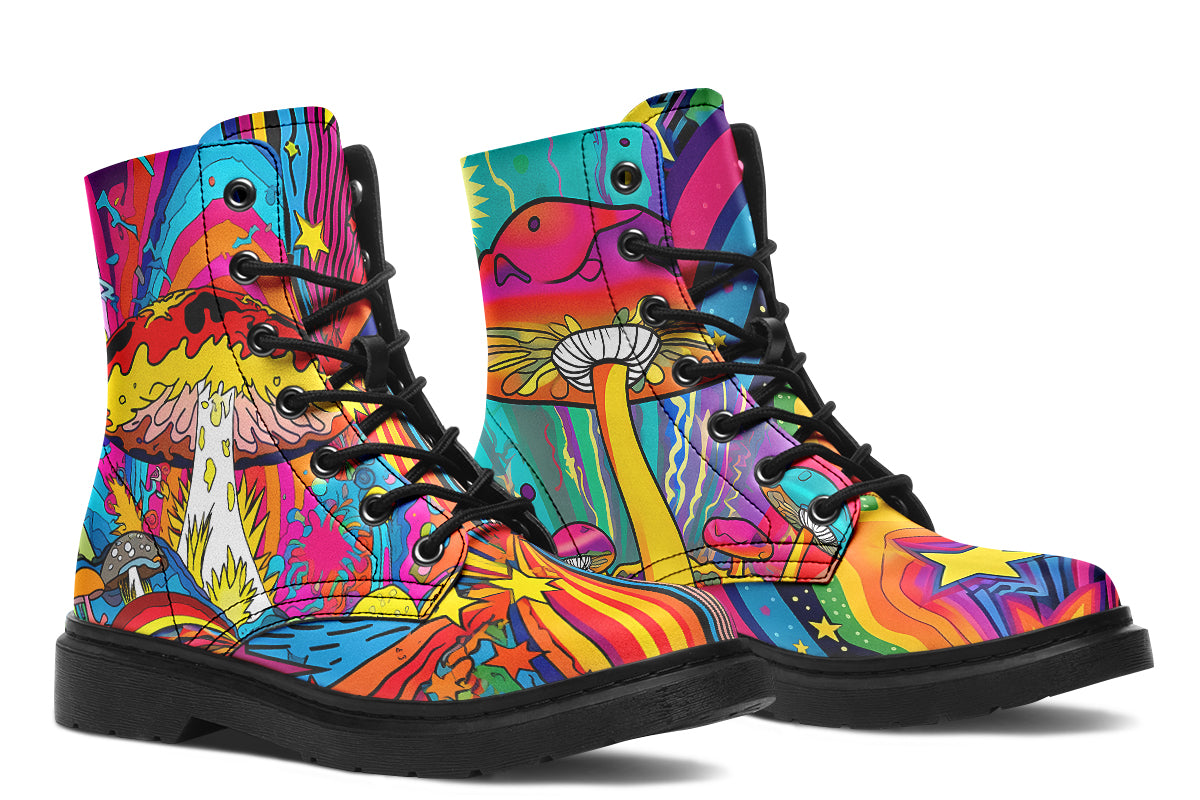 Colourful boots with bright psychedelic mushroom imagery