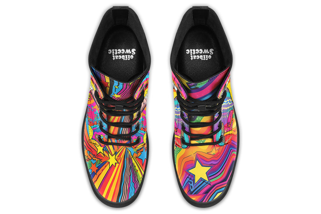 Colourful boots with bright psychedelic mushroom imagery