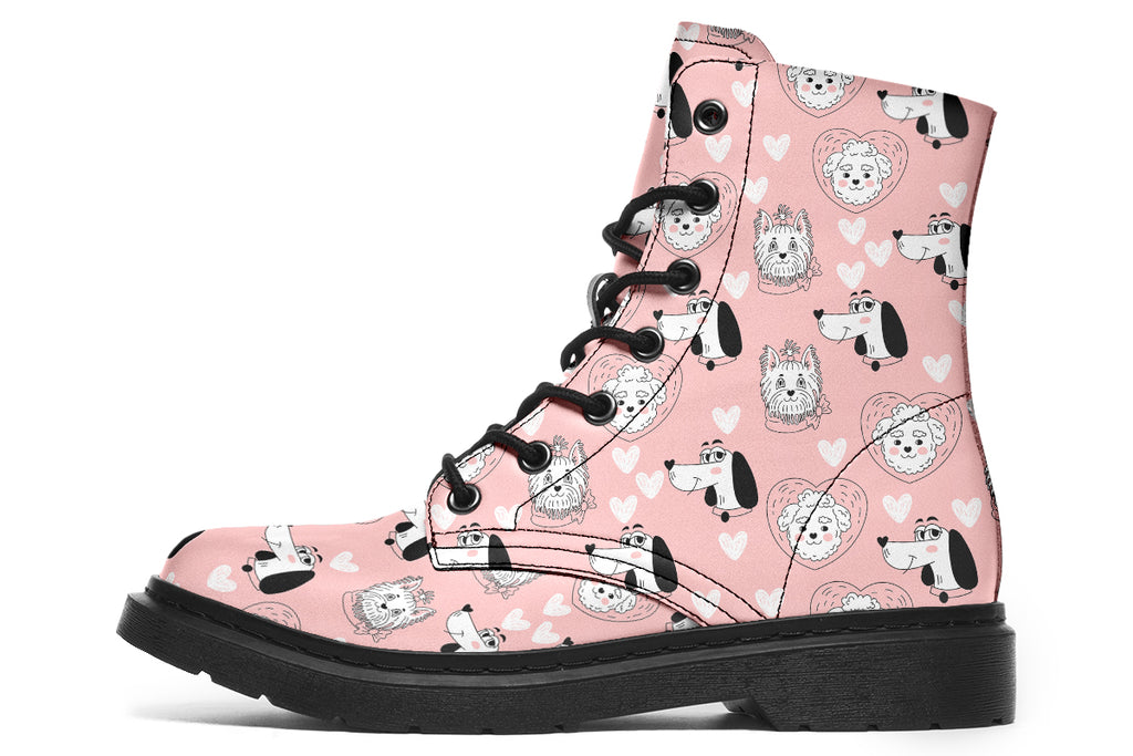 Design features white dogs and love hearts on a soft pink background.