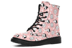 Design features white dogs and love hearts on a soft pink background.