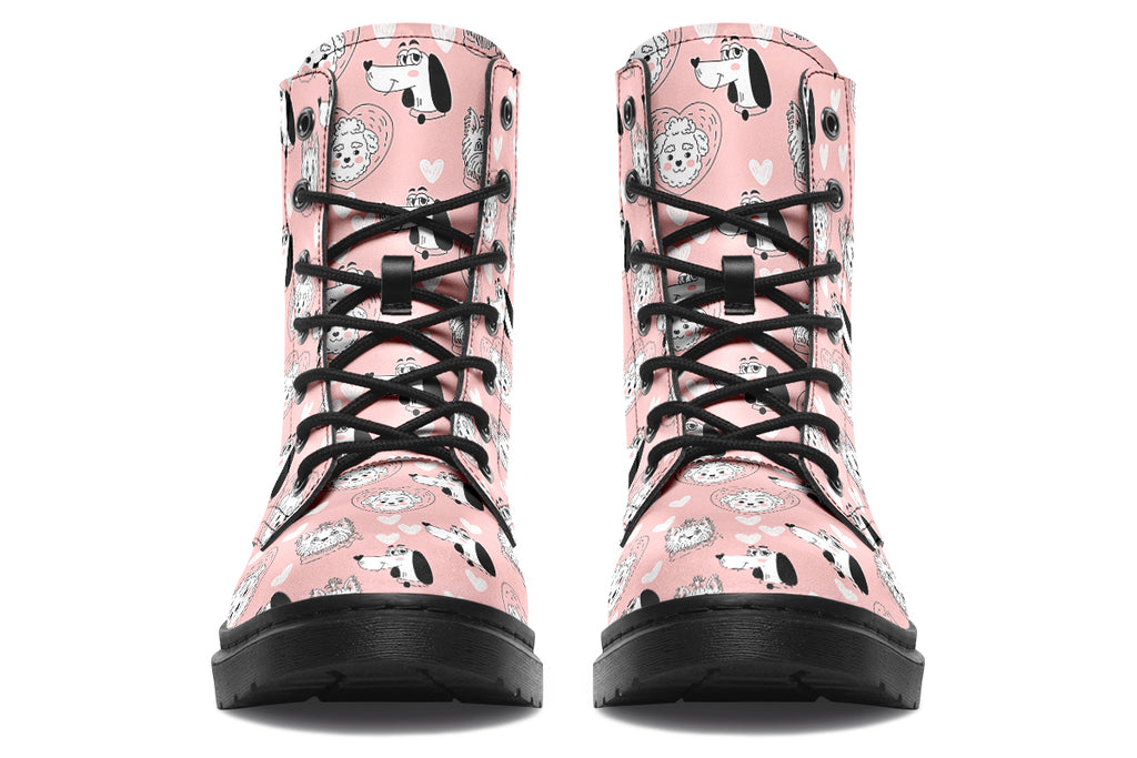 Design features white dogs and love hearts on a soft pink background.