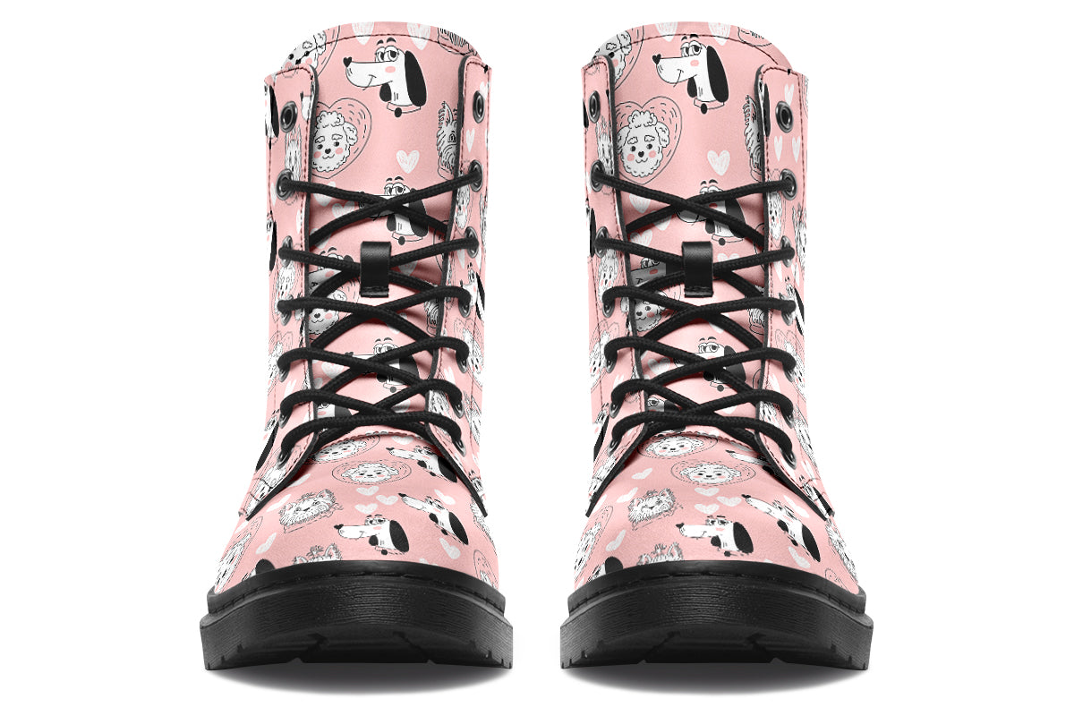 Design features white dogs and love hearts on a soft pink background.