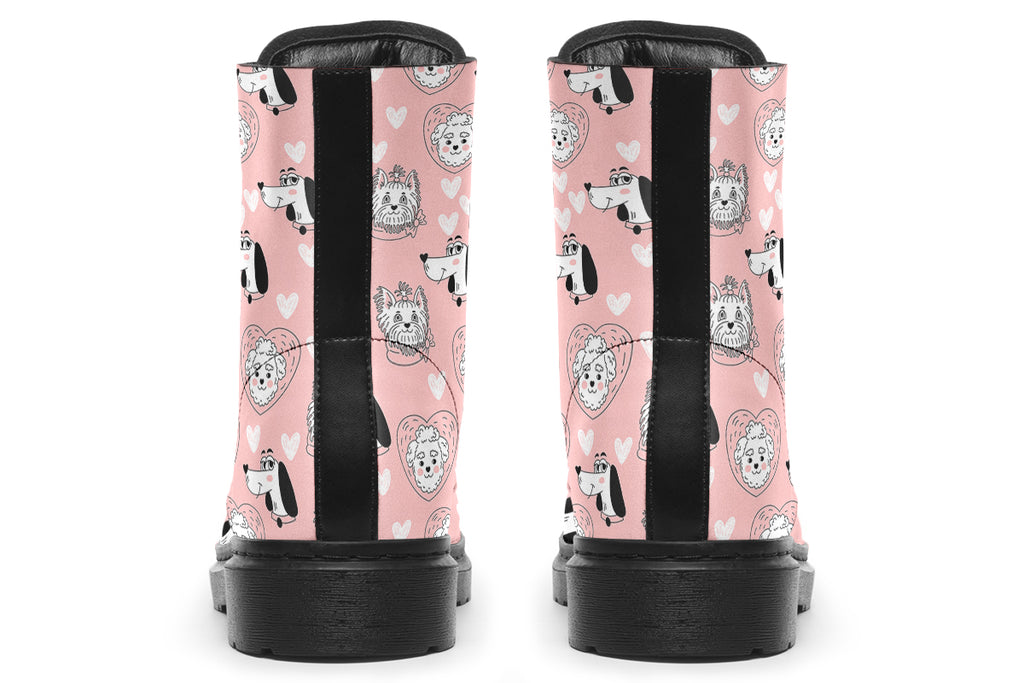 Design features white dogs and love hearts on a soft pink background.