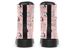 Design features white dogs and love hearts on a soft pink background.