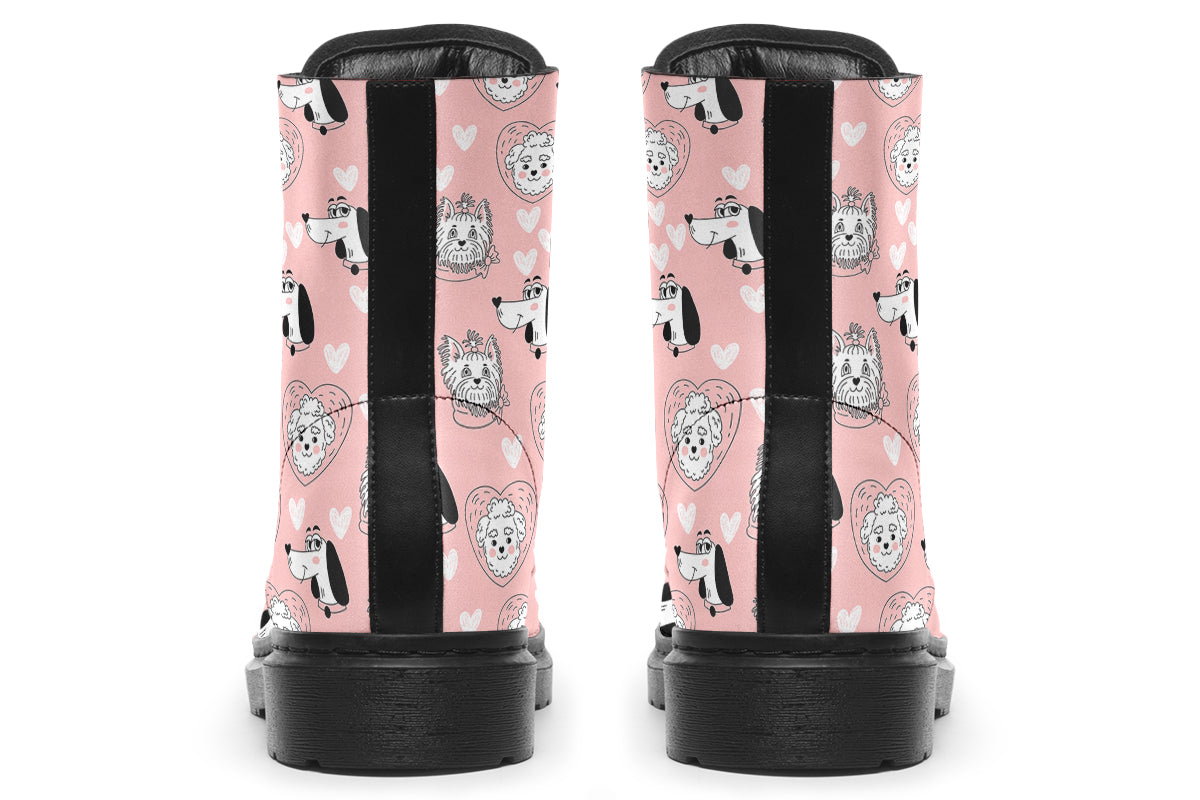 Design features white dogs and love hearts on a soft pink background.