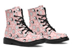 Design features white dogs and love hearts on a soft pink background.