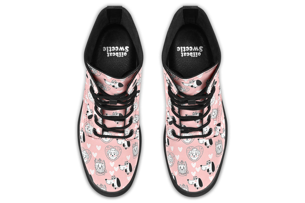 Design features white dogs and love hearts on a soft pink background.