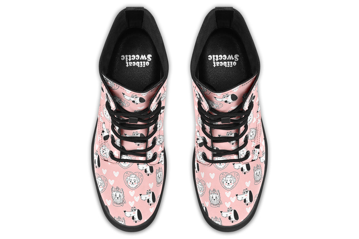 Design features white dogs and love hearts on a soft pink background.