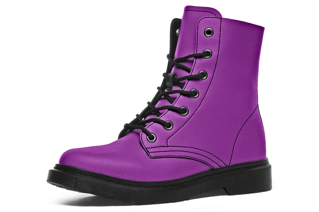 Mismatched boots, one all pink and one all purple.