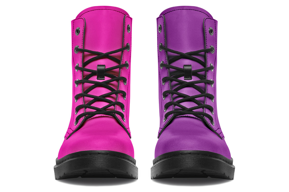 Mismatched boots, one all pink and one all purple.