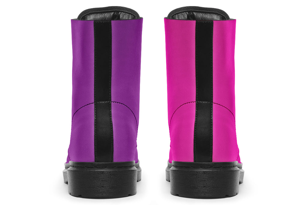 Mismatched boots, one all pink and one all purple.