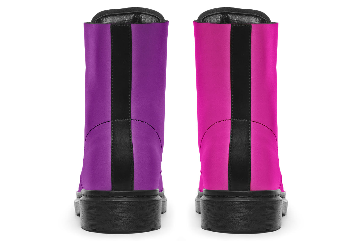 Mismatched boots, one all pink and one all purple.